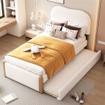 Lit simple 90 x 200 cm rembourr� blanc avec lit gigogne et sommier � lattes ? capacit� 150 kg