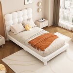 Lit 90x200 cm rembourr� blanc t�te r�glable 3 positions sommier � lattes sans matelas