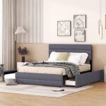 Lit plateforme 140 x 200 avec lit gigogne et deux tiroirs rangement pratique �l�gant et simple gris (matelas ...