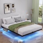 Lit plateforme 160�200 cm noir m�tal design japonais led sans t�te de lit facile � monter