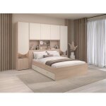 Lit pont 140 x 190 cm avec rangements - avec leds - coloris : beige et naturel - domelito