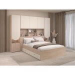 Lit pont 140 x 190 cm avec rangements - avec leds - coloris : beige et naturel + sommier + matelas - ...