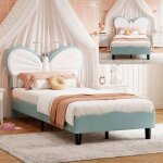 Lit enfant - sunfecili - 90x200 cm - tte de lit papillon - velours + pu - liseuse led intgre