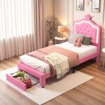 Lit enfant - lit princesse fille 90x200 - structure m�tal - tiroir de rangement - led rose