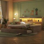 Lit avec rangement 140x200 cm panneaux particules / mdf coloris naturel avec �clairage led et lit gigogne ...