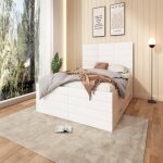 Lit avec rangement 160x200 cm en blanc et ch�ne clair avec 2 tiroirs et t�te textur�e ? style moderne ...