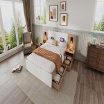 Lit avec rangement 160x200 cm en bois massif et mdf blanc et ch�ne clair avec liseuse 360� et prise usb ...