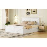 Lit avec rangement 160x200 cm en bois de pin blanc avec 4 tiroirs et t�te de lit ? style �pur�