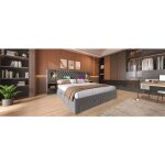 Lit avec rangement 160x200 cm en velours gris avec t�te effet bois 4 tiroirs 2 chevets et lampes de lecture ...