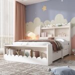 Lit avec rangement enfant lit combin 90 x 190 cm avec tiroirs tagre et banc de rangement blanc + chne ...