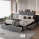 Lit rembourr� 140 * 200 cm table de chevet avec port usb et rangement lit double plat avec 4 tiroirs ...