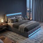 Lit rembourr� 140 x 200 cm en lin 2 places lit adulte avec rangement �clairage led et 4 tiroirs usb / ...