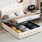 Lit rembourr� 140 x 200 cm en velours?kilisky?rangement hydraulique?t�te de lit r�glable?sommier � lattes?lit ...