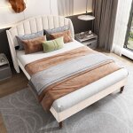 Lit adulte rembourr� - sea wall - 140x190 cm - velours beige - sommier � lattes - t�te de lit haute