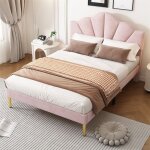 Lit rembourr� 140 x 190 cm en velours - sommier � lattes t�te de lit r�glable rose