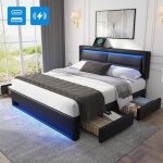 Lit rembourr 140x190 cm - noir - usb - clairage led - 4 tiroirs - sans matelas