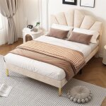 Lit rembourr� 140x190 cm avec sommier � lattes ? t�te de lit r�glable en velours beige 2 places charge ...