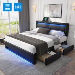 Lit rembourr� 140x190 cm pu litchi noir avec led multicolore ports usb et 4 tiroirs sommier � lattes