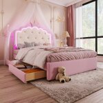 Lit rembourr� 140x200 cm avec lit gigogne 2 tiroirs �clairage dambiance forme de princesse h�riti�re ...