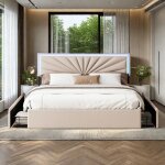 Lit rembourr� 140x200 cm avec led et 4 tiroirs lit double avec sommier � lattes tissu en lin doux pour ...