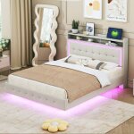 Lit rembourr� 140x200 avec prise usb et lumi�re led design pieds cach�s lit double plat tissu lin beige ...