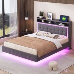 Lit rembourr� 140x200 avec prise usb et lumi�re led design pieds cach�s lit double plat tissu lin gris ...