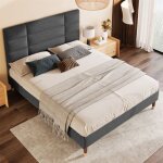 Lit rembourr� 140x200 cm lin gris fonc� avec sommier � lattes et t�te de lit - 2 places sans matelas