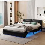Lit 140x200 rembourr� simili cuir noir avec led sommier � lattes 12 lattes cadre m�tal / mdf ? sans matelas ...
