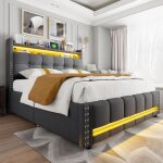 Lit rembourré 160 * 200 cm avec éclairage led et prise usb tête de lit avec étagères et espace de rangement ... Lit rembourré 160 * 200 cm avec éclairage led et prise usb tête de lit avec étagères et espace de rangement ...