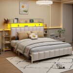 Lit rembourr 160 * 200 cm avec plusieurs tagres avec clairage led tte de lit pour espace de rangement ...