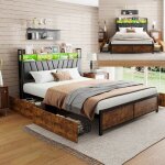 Lit en bois et m�tal 160 � 200 cm - lit coffre avec 4 tiroirs - lit double avec �clairage led et ports ...