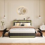 Lit rembourr� 160 x 200 cm 2 places lit adulte lit ado cadre de lit avec 4 tiroirs �clairage led / ports ...