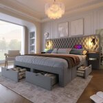 Lit rembourr� 160 x 200 cm avec deux tables de chevet quatre tiroirs lit double fonction de recharge ...