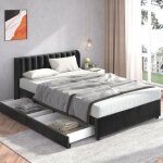 Lit rembourr 160 x 200 cm lit double avec sommier  lattes et 2 tiroirs tissu en velours noir