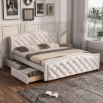 Lit double 160x200 cm - chesterfield - sommier inclus - 2 tiroirs - t�te de lit r�glable - blanc pu