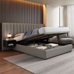 Lit rembourr 160x200 avec grande tte de lit et deux tables de chevetlit adultes160x200 - coffre de ...