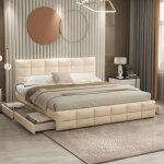 Lit rembourr 180 x 200 cm avec 4 tiroirs lit double doux pour la peau en tissu velours beige (matelas ...