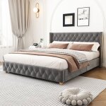 Lit rembourr� 180 x 200 cm lit double avec sommier � lattes t�te de lit rembourr�e clout�e velours gris(sans ...