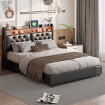 Lit coffre adulte 180x200 cm - rembourr� - led int�gr�e - t�te de lit avec rangement - noir pu