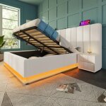 Lit coffre rembourr� 180x200 cm blanc avec led 3 usb + usb?c sommier � lattes capacit� 300 kg ? sans ...
