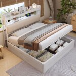 Lit rembourr� 180 x 200 cm avec coffre hydraulique t�te de lit rembourr�e et ports usb bois & m�tal blanc ...