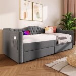 Lit rembourr� 90x190 cm m�ridienne avec coffre 2 tiroirs et port usb?c lin gris 1 place sans matelas