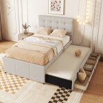 Lit gigogne rembourr� - 90x200 cm - lit d?appoint 90x190 cm - 3 tiroirs de rangement - t�te de lit r�glable ...