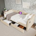 Lit rembourr� 90x200 cm velours beige - m�ridienne convertible canap� - lit coffre 2 tiroirs charge usb ...