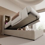 Lit rembourr� 90x200 avec rangement sommier � lattes bois housse lin gris chargeur usb?c ? 1 place