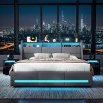 Lit rembourr - ambiance - 140 x 190 cm - cadre de lit avec clairage led - tte de lit avec compartiment ...