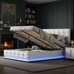 Lit rembourr� - ambiance - 140x200 cm - avec �clairage led & coffre de rangement - cadre de lit & sommier ...