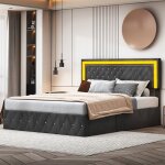 Lit rembourr - ambiance - 160 x 200 cm - lampes led - coffre de rangement - sommier  lattes - lit hydrauliqu ...