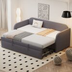 Lit rembourr - canap - lit extensible - tissu en lin - gris - sommier  lattes