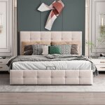 Lit rembourr� coffre hydraulique 140x200 cm velours blanc cr�me avec sommier � lattes (sans matelas)